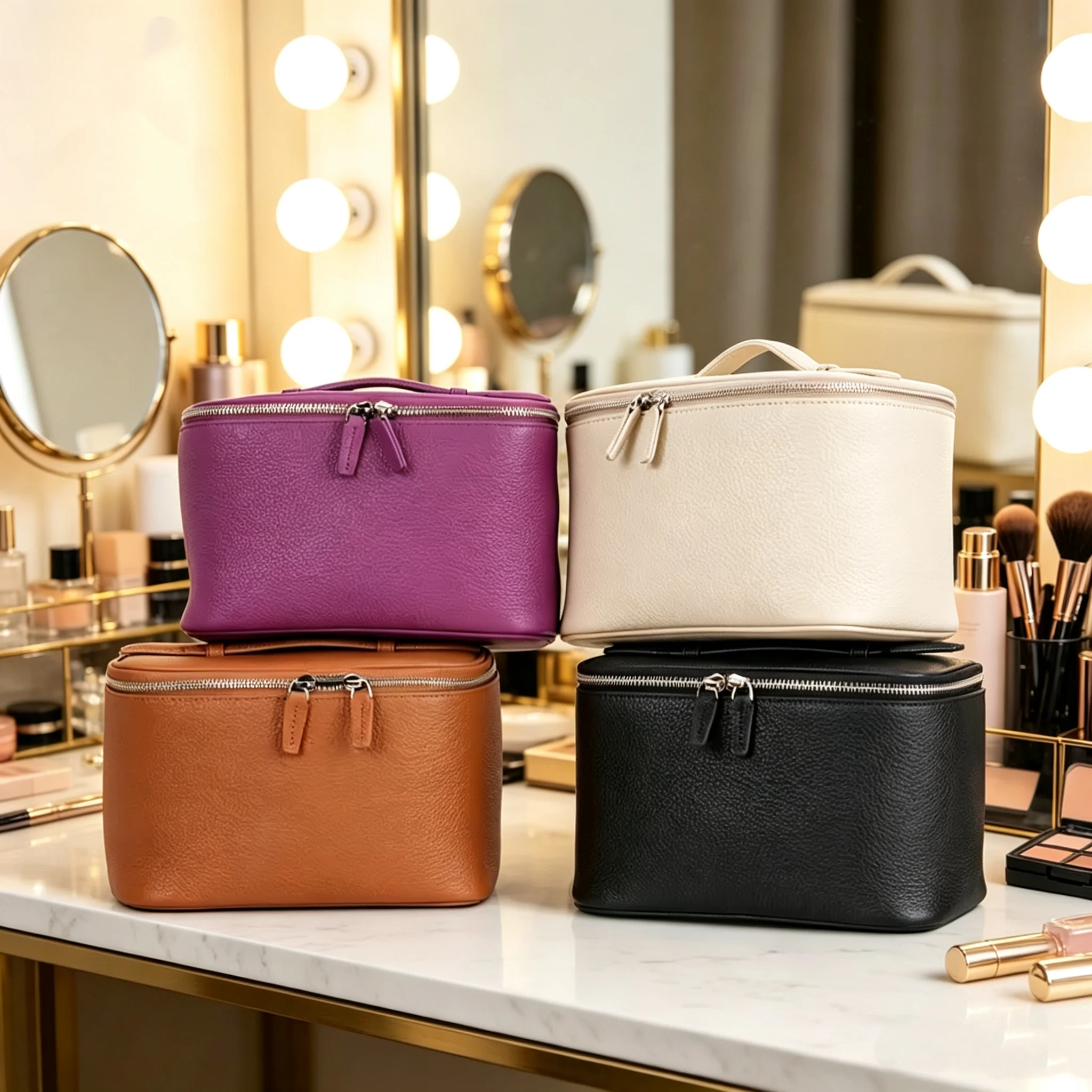 CLAREGQI  Women's Genuine Leather Cosmetic Bag Large Capacity Portable Travel Makeup Organizer Case with Top Handle