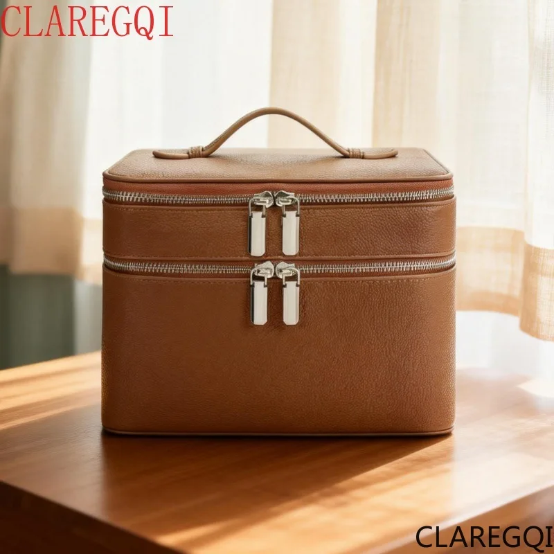 Double layered makeup box with double zippers, large capacity for beauty storage, simple travel, portable skincare product organ