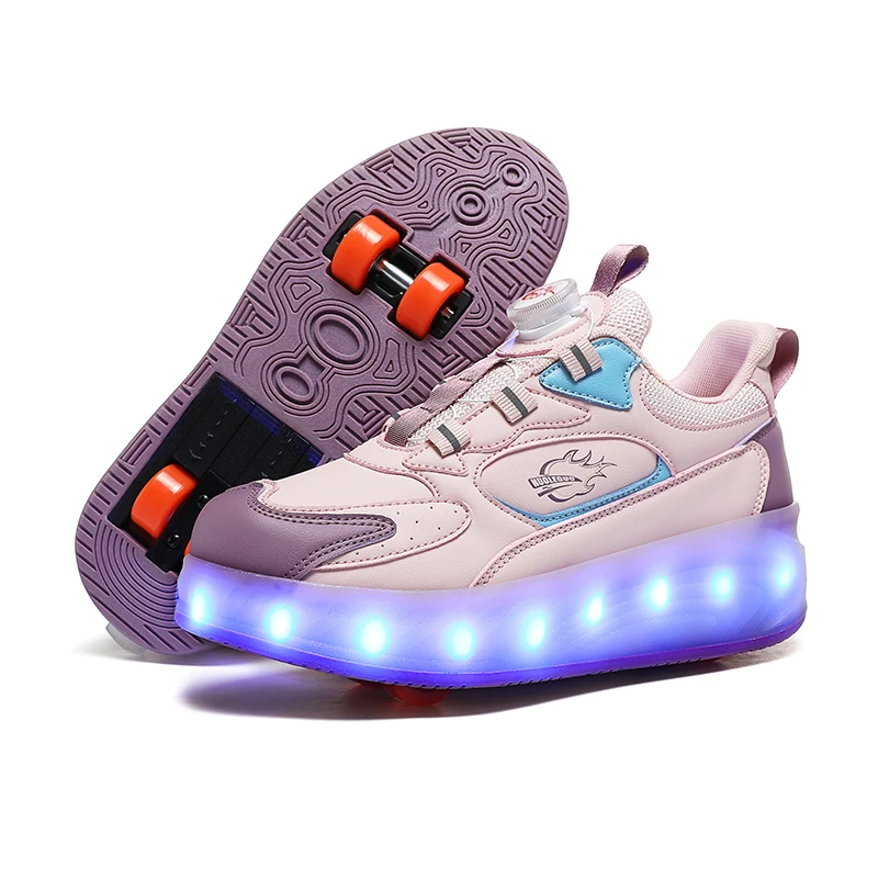 2 in 1 Adults Kids Boys Girls 4 Wheels Rechargeable Led Light up Deformation Kick Roller Skate Shoes