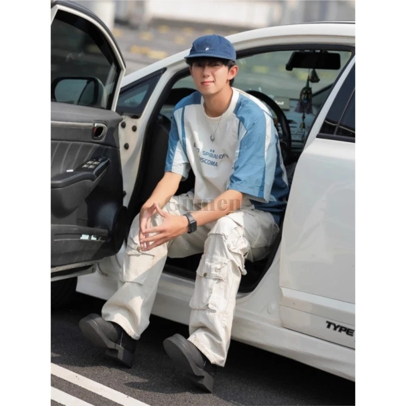 Men's Thin INS Trendy Top Street Style Crew Neck Tee Quick Dry Loose Fit Summer Color Blocking Short Sleeve Blue Casual T-Shirt