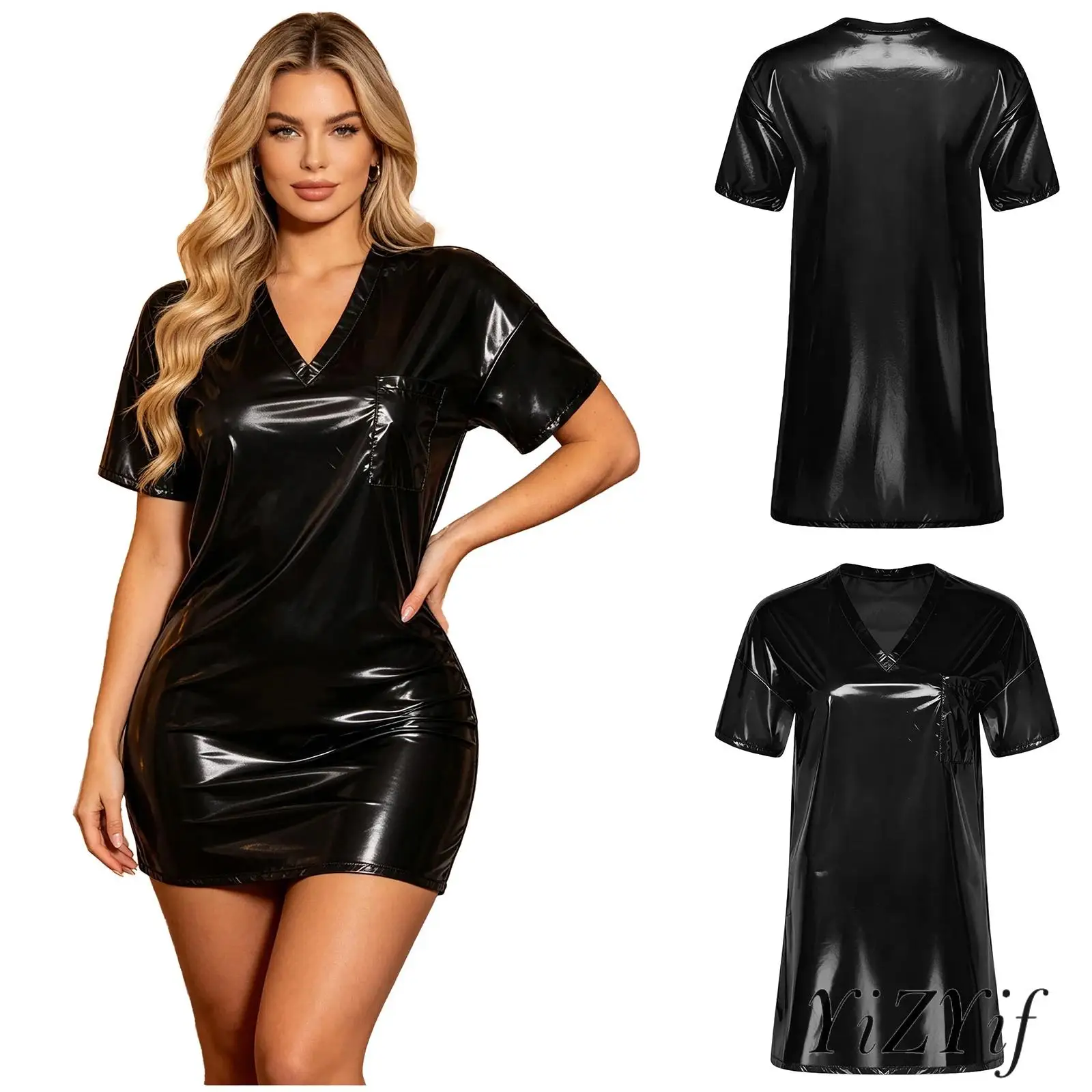 V Neck Short Sleeve Waterproof Sleep Gown for Women Side Split Loose Oversized Mini T-Shirt Robe for Water Rave Parties Dress