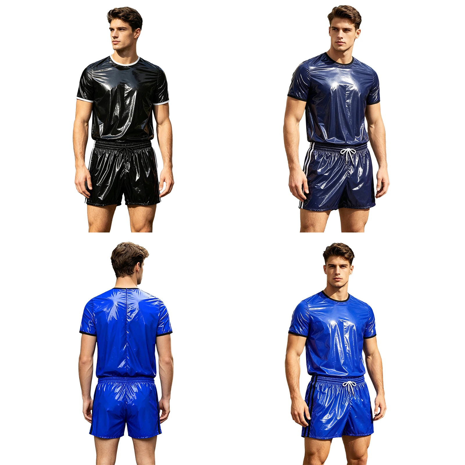Men Swim Club Wear 2 Piece Set Waterproof Vinyl Short Sleeve T Shirt Contrast Trim Boxer Shorts Shiny