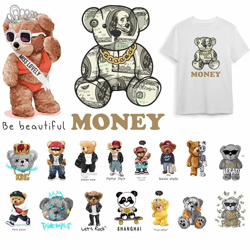 Pop Bear Theme Pattern Ironing Sticker Clothes DTF Fashion T-shirt Hoodie DIY Hot Transfer Printing Hot Sticker Waterproof