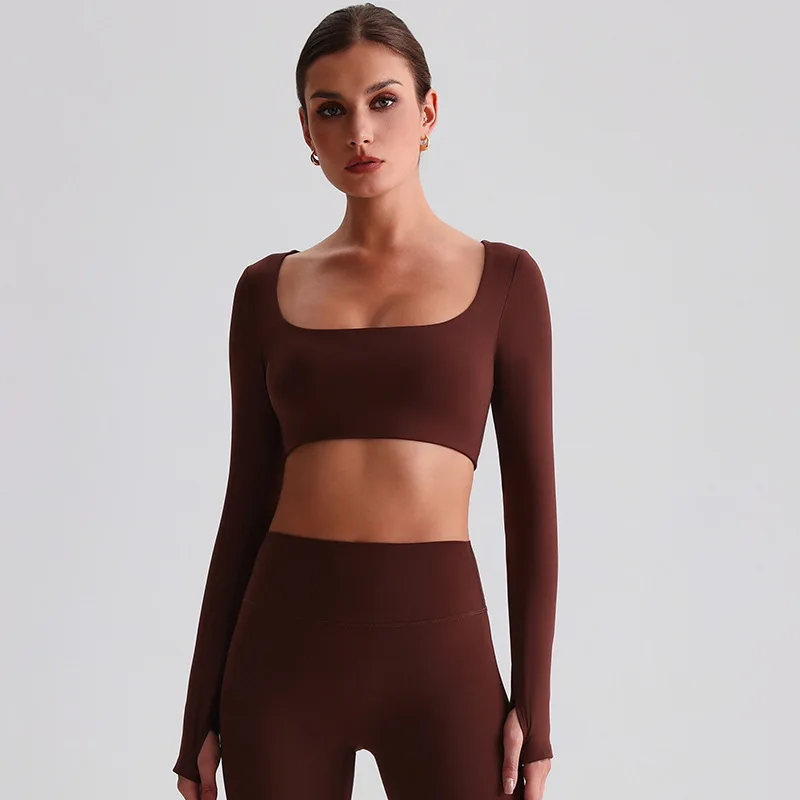 Solid Color square neck Long Fitness Long Sleeve Yoga Shirt T -Shirt Cropped Top Quick Drying Loose Breathable Blouse With chest