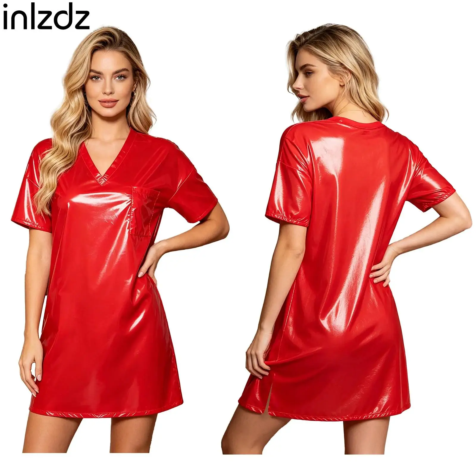 Waterproof Loose V Neck Sleep Dress for Women Short Sleeve Side Split Oversized Mini T-Shirt for Water Rave Parties Robe Gowns