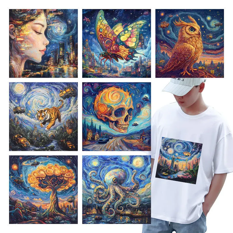 Heat Transfer Iron Patch for Clothing, Starry Sky Theme, Butterfly, Octopus, DIY T-shirt, Jacket Sticker, DTF Patch, Waterproof