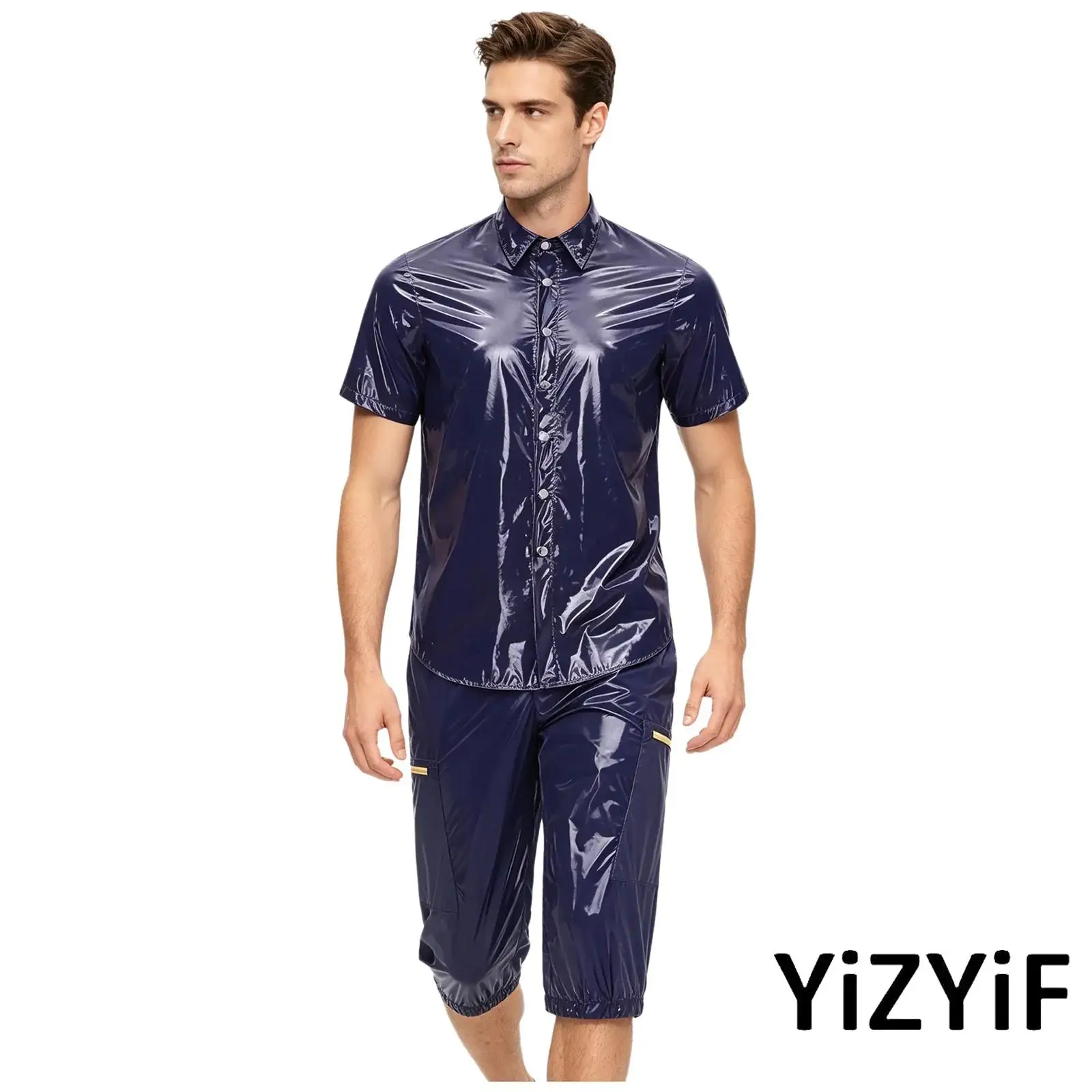 Adult Men Waterproof Tracksuit Short Sleeve Front Button T Shirt and Multi Pocket Cargo Shorts Capri Pants Raincoat Clubwear