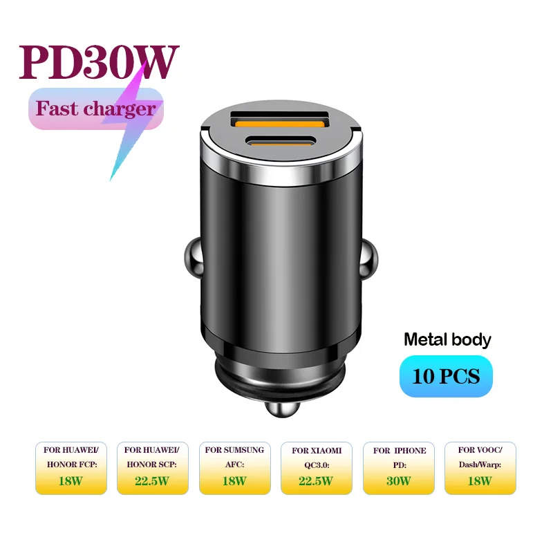 10PCS 40W 3.5A 2 Ports Alloy material Invisible Mini Car Charger Fast Charging QC30/PD30W Car Cigarette Lighter Flash Charger