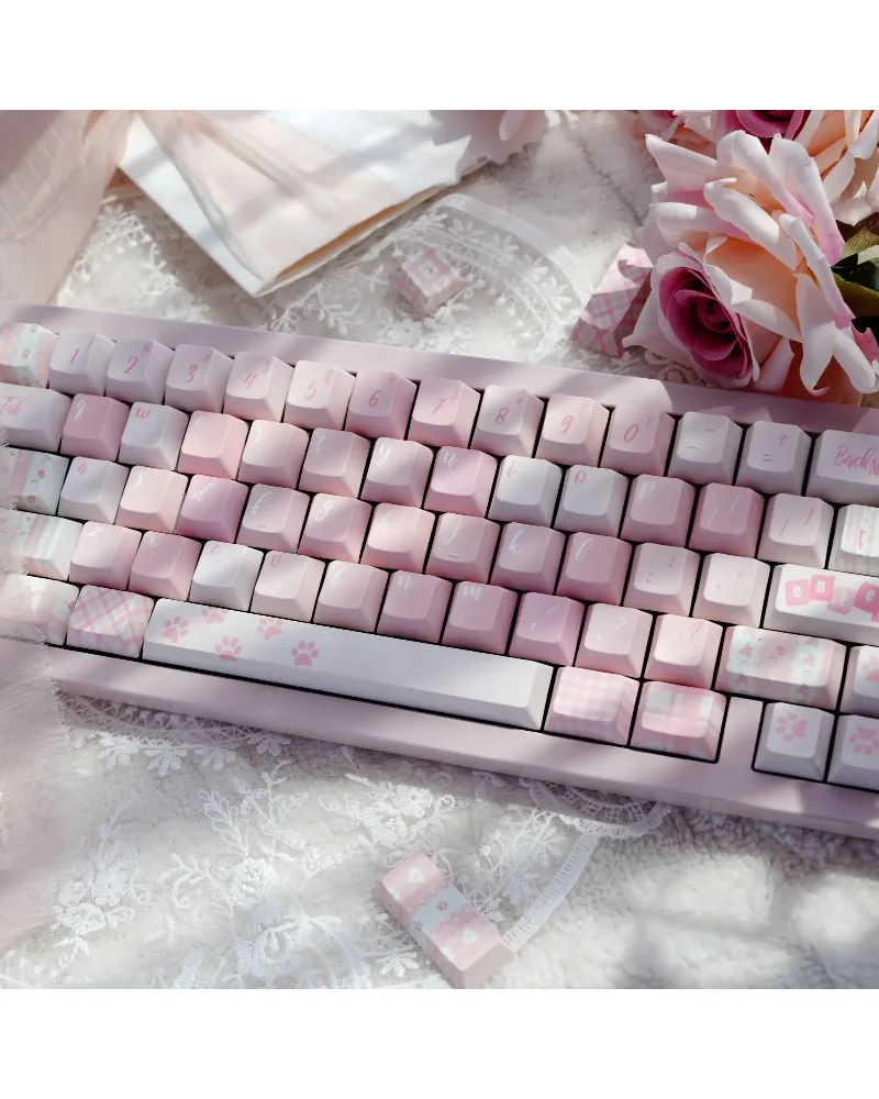 pastel pink and white two tone pbt keycaps set durable high quality for gaming mechanical keyboards