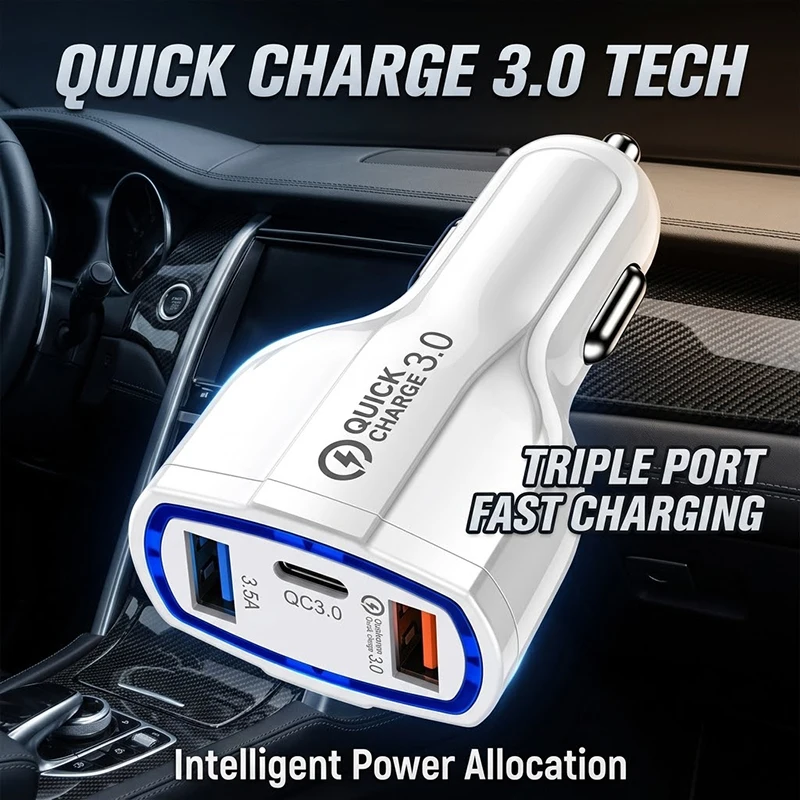Fast Charging 3-Port Car Adapter QC 3.0 7A High Power Type C USB Vehicle Phone Charger With Smart Chip 12V-32V Broad Fit