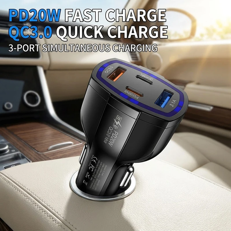 63W 4-in-1 Car Charger Adapter with Dual PD 20W and Dual QC 3.0 Ports Fast Charging Lighter Adapter Works with Smartphones