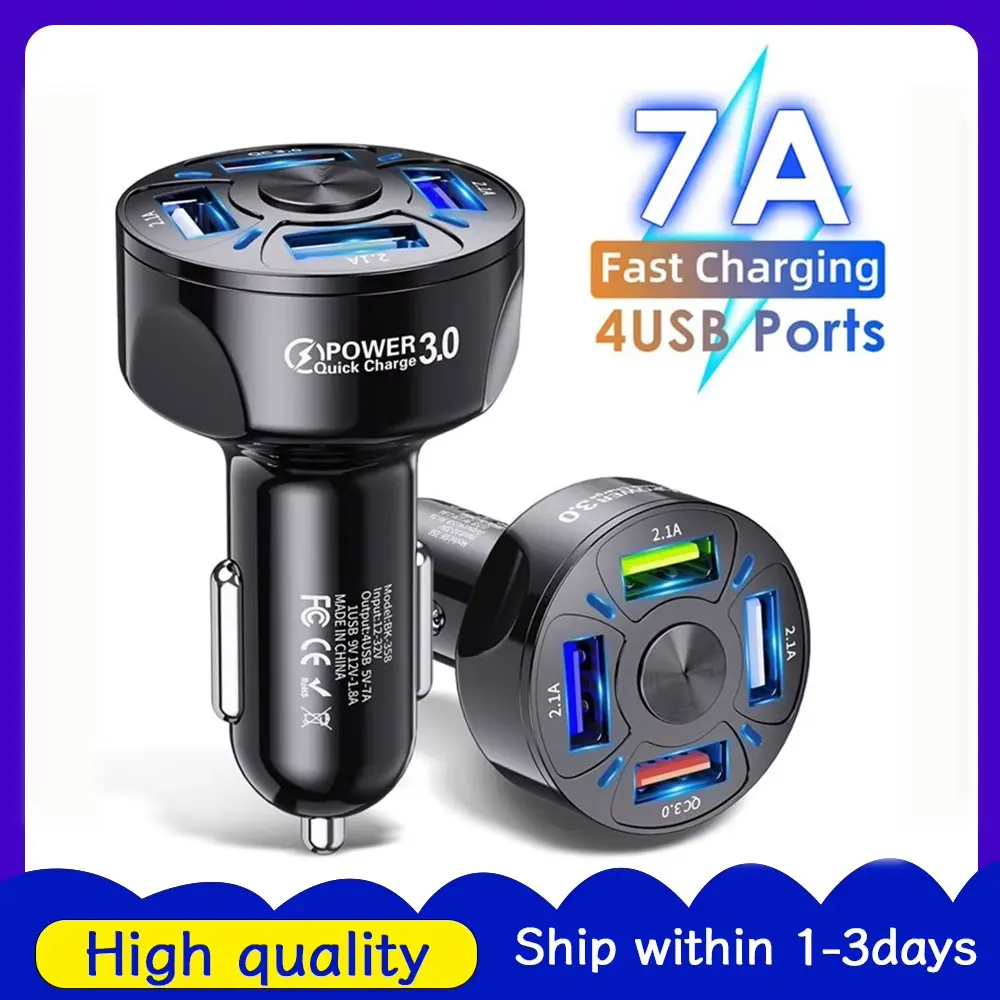 4 Port Car Charger USB Adapter Fast Charging Power Station for Smartphones White