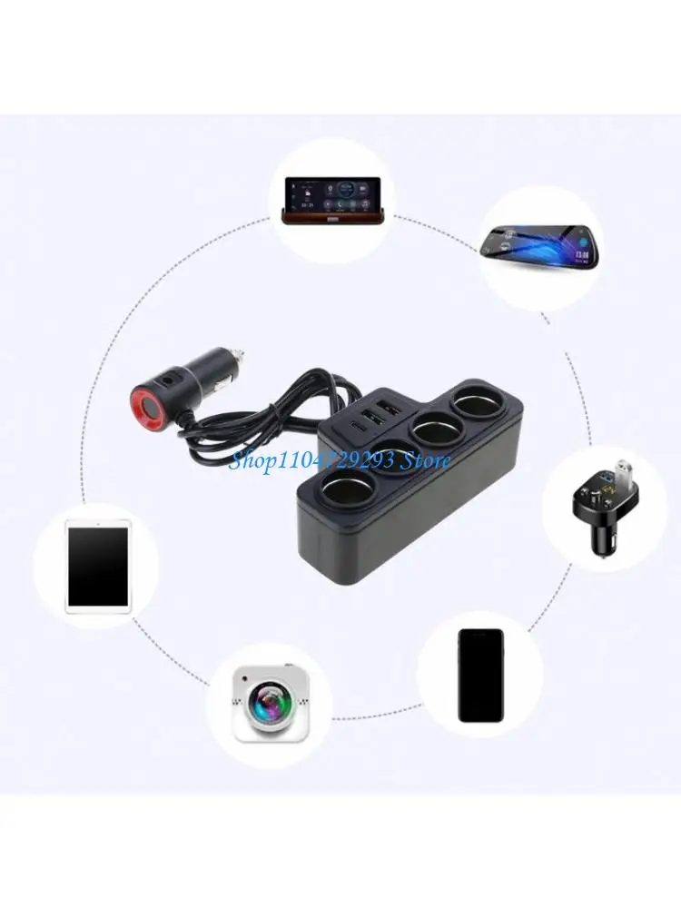 Portable Car 12V/24V Power Socket Splitter Fast Charging USB C Car Charging Adapter for Smartphones Black