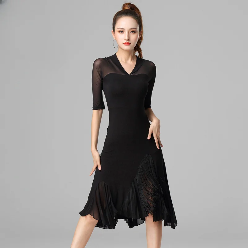 Women's Latin Dance Wear Line Dance Costume Black Dress for Adult Women Advanced Dance Professional Practice Samba V-neck Dress