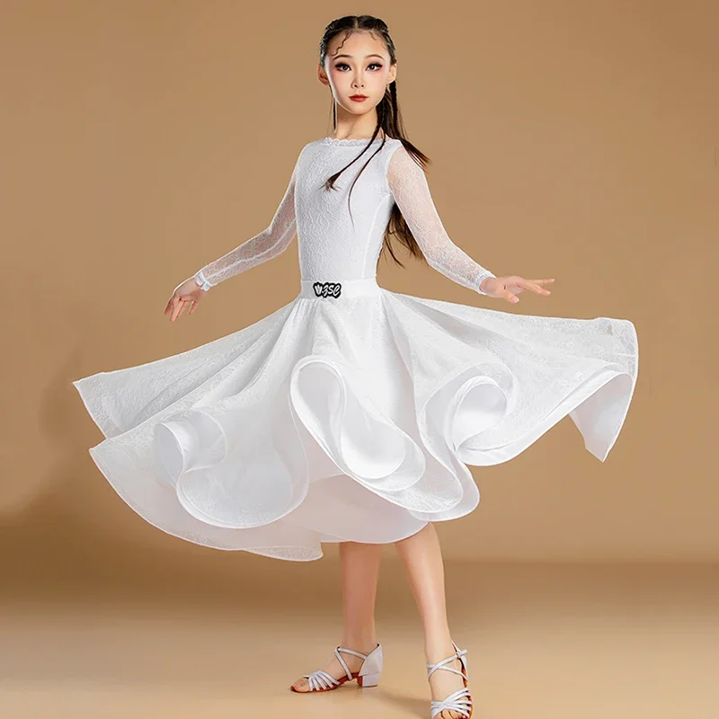 Kids Girls Waltz Tango Ballroom Dance Professional Dresses White Lace Princess Bodysuit and Large Skirt Modern Dancing Costume