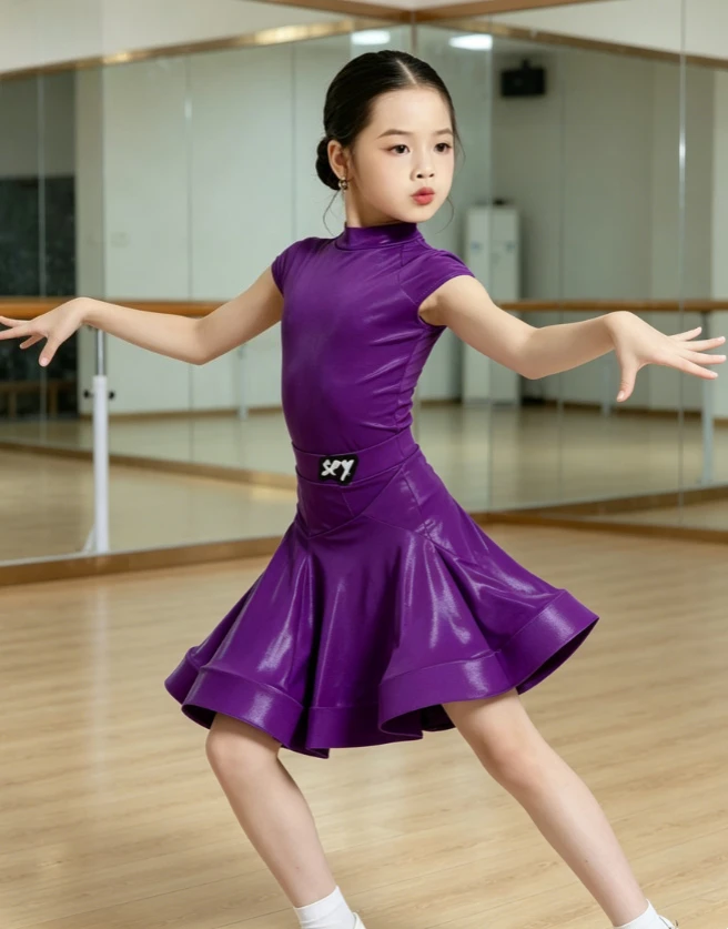 2026 Summer Shiny Latin Competition Dress Smooth Cooling Fabric Multi Colors Kid Professional Tournament Stage For Young Dancers