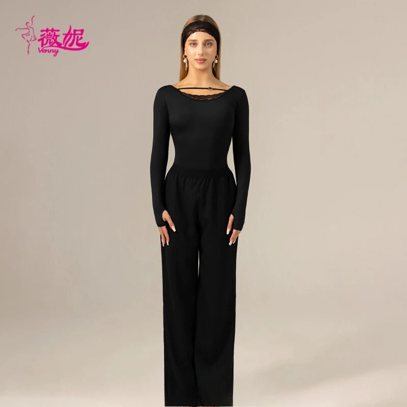 Vennystyle Latin Dance Dress&Separates-Women's Professional Ballroom Straight Leg Pants,Fluid Drape Practice Trousers for Latin