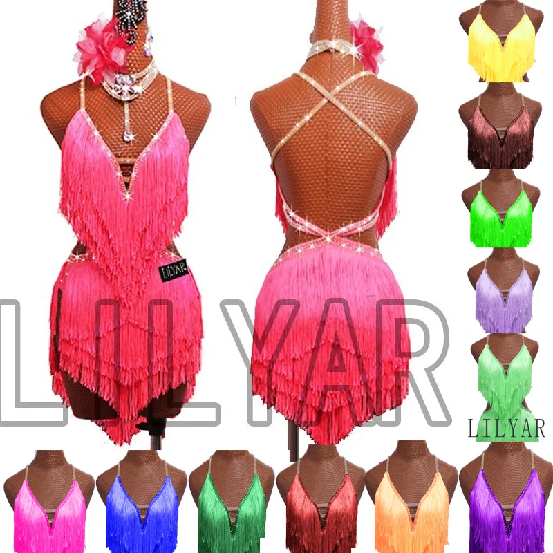 New Professional Latin Dance Performance Competition Dress Adult Women Sparkling Pink Tassel Backless Dance Dress