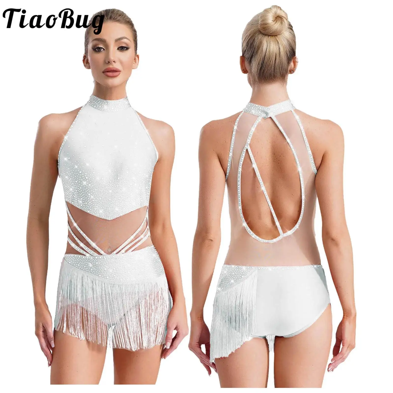 Women Dance Rhythmic Dresses Sleeveless Mock Neck Patchwork Rhinestones Tassels Leotard for Latin Cha-Cha Gymnastics Competition