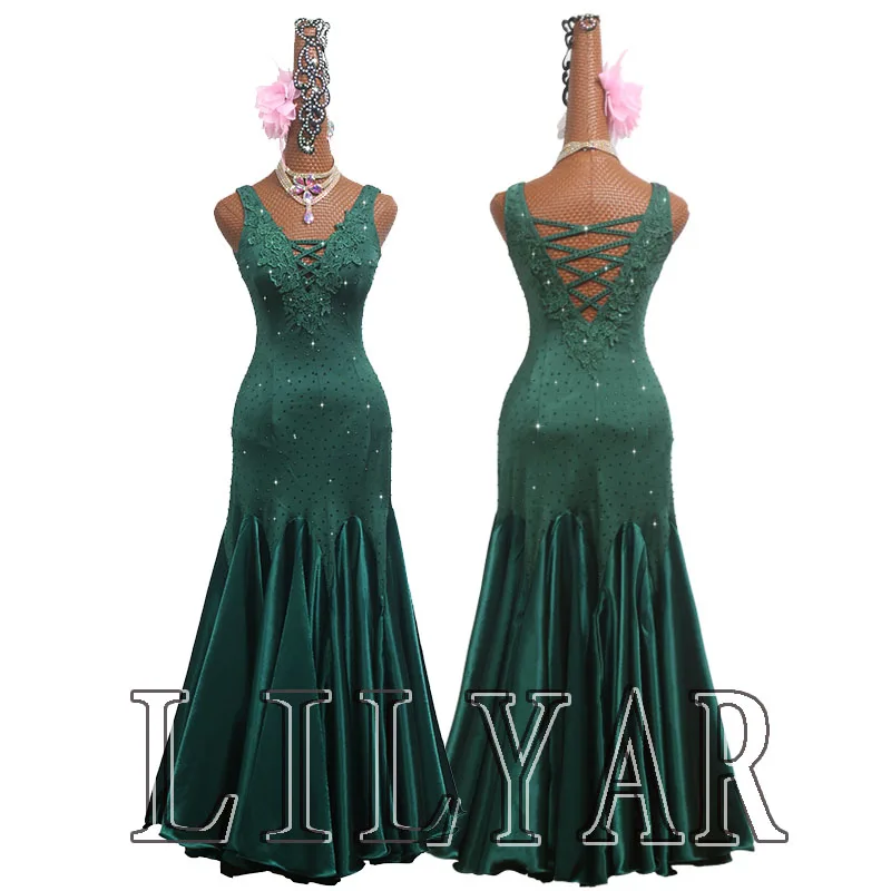 Ballroom Dance Standard Skirt Competition Costumes Performing Dress Customize New Arrival Adult Kids Dark Green Embroidered