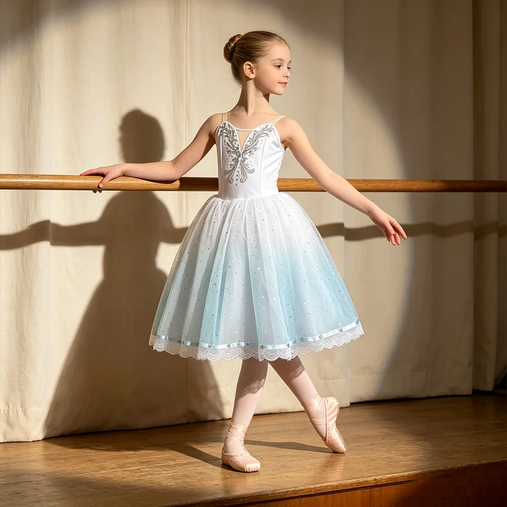 Romantic Tutu Long Ballet Dress For Girls Kids Professional Swan Lake Ballerina Dress A-Line Gauze Tulle Skirt