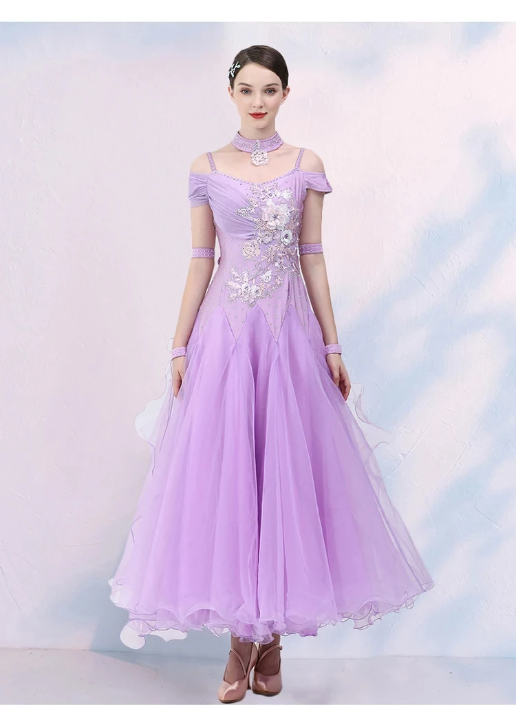 Sling Standard Competition Dress Modern Dance Short-sleeved Wine Red Long Dress Ribbon Performance Suit New Women Waltz