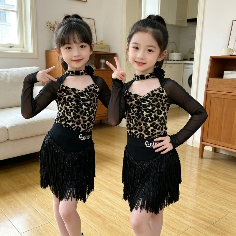 Girls New Latin Dance Competition Dress Long Sleeve Top with Fringed Skirt Kids Professional Dancewear Performance Accessories