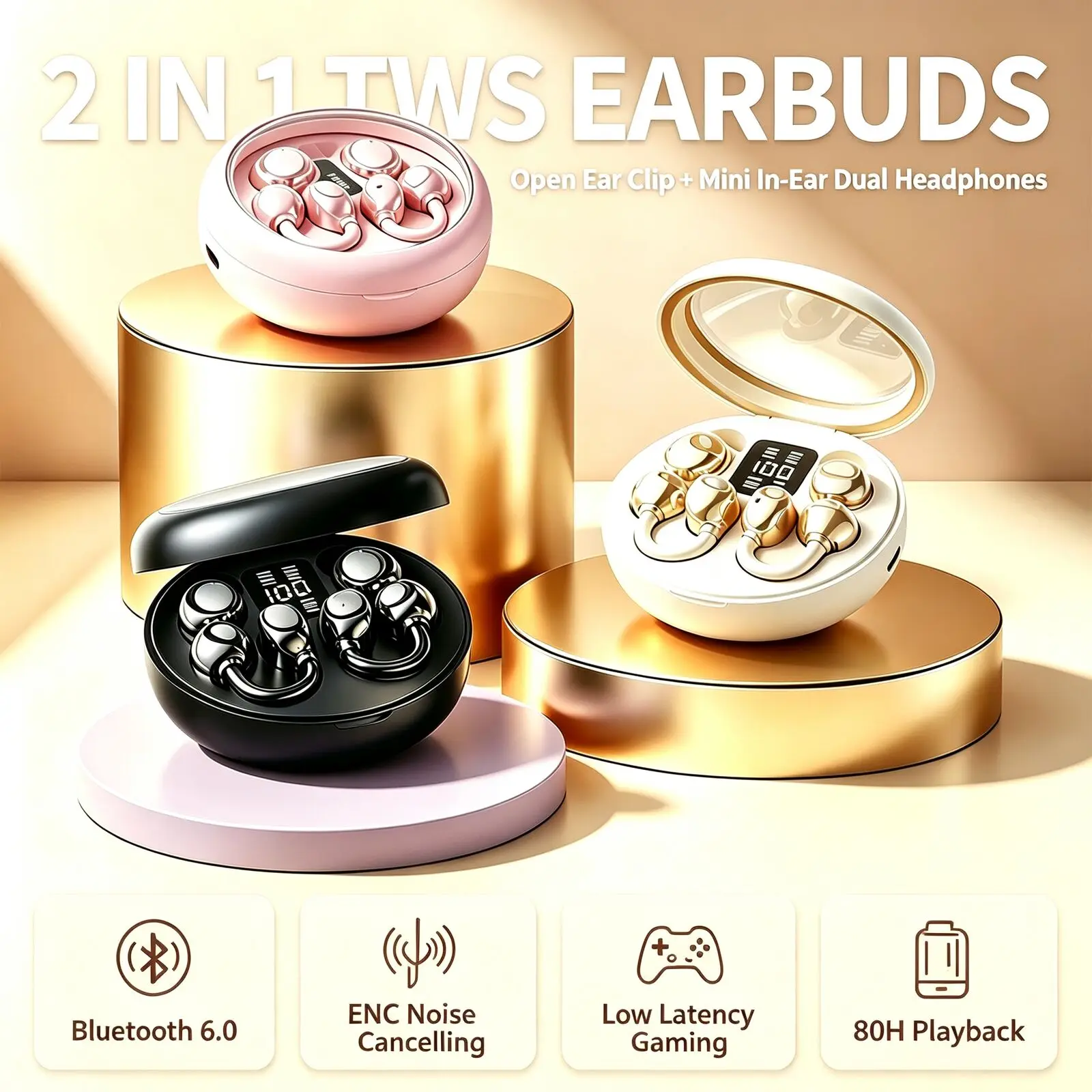 2 In 1 Wireless Earbuds Bluetooth 6.0 Open Ear Clip + Mini In Ear Headphones ENC Noise Cancelling Low Latency Gaming Earphones