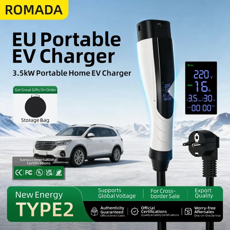 ROMADA 3.5KW Portable Electric Vehicle Charger with 3M 5M Cable IEC62196 TYPE2 EVSE EU Plug Digital Display 16A Charging for EV