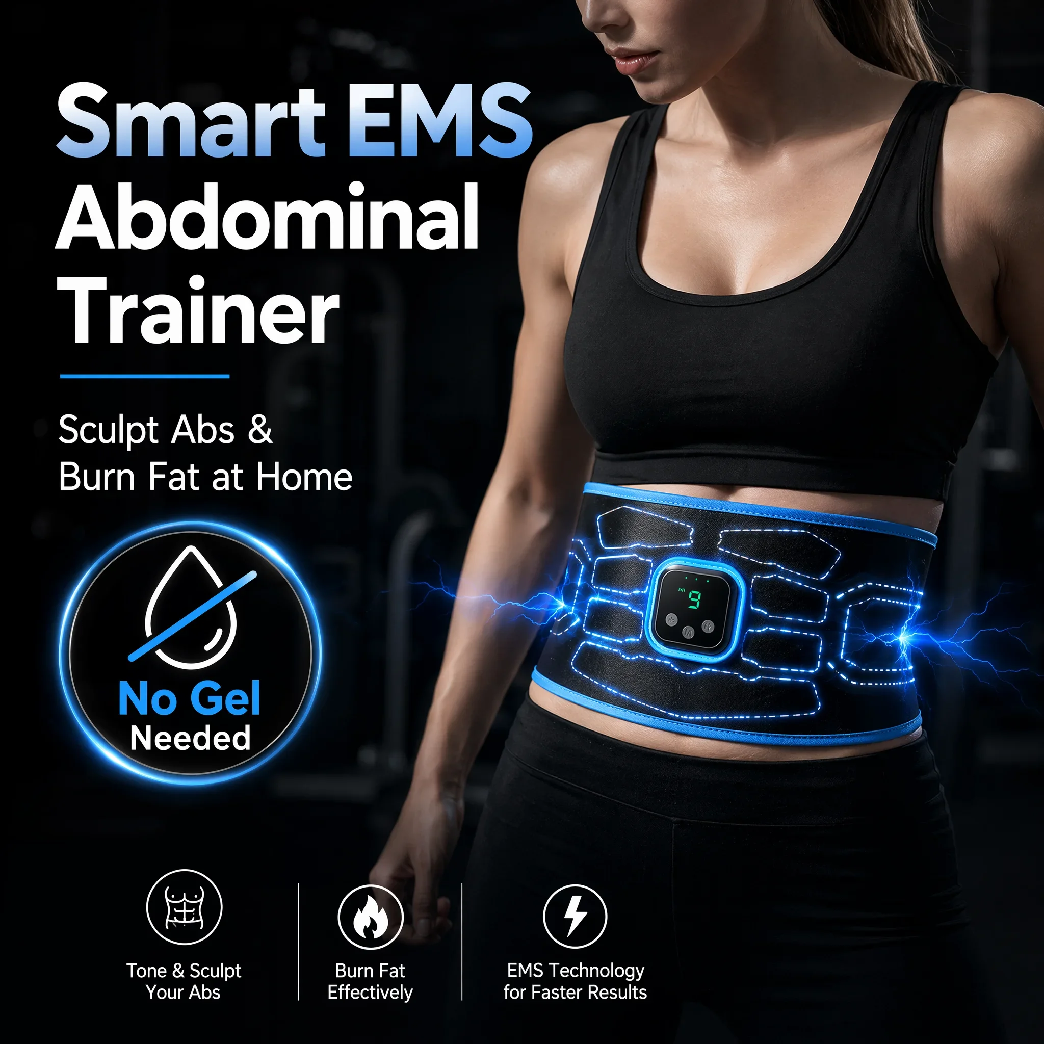 Smart EMS Abdominal Muscle Trainer Belt No Gel Needed Fitness Body Shaper Massager 9 Levels Intensity Home Gym Equipment