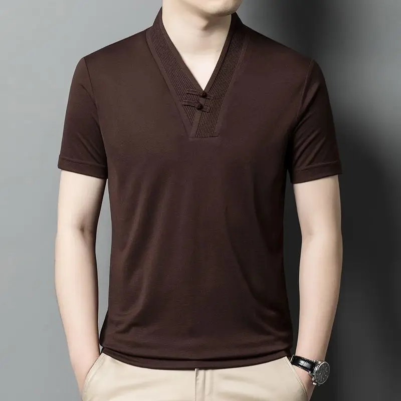 Trendy Brand Fashion Summer Men's Solid V-neck Ice Silk Frog Simplicity Versatile Smart Casual Slim Short Sleeve T-Shirts Tops