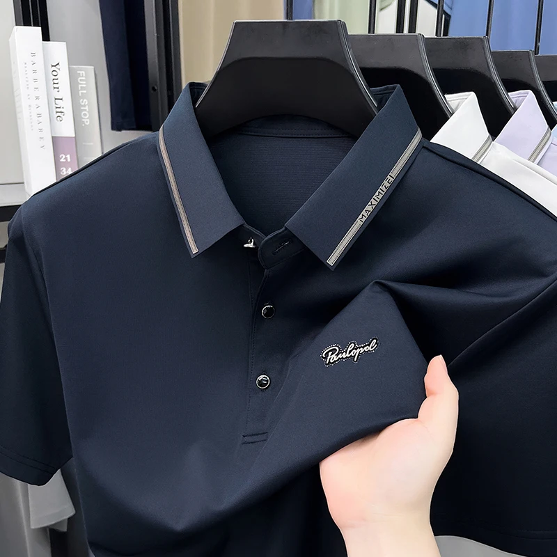 2026 Summer New MenT-shirt Premium Wrinkle-Free Luxury Lavender with Embroidered Chest Logo Formal Gentleman T Shirt for Man