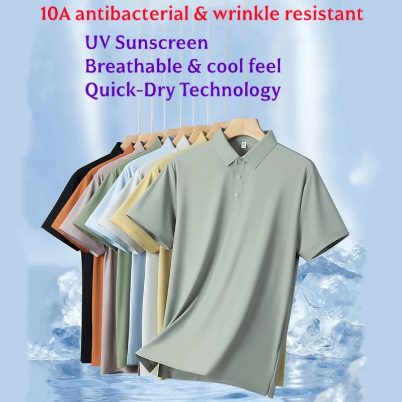 Man's Antibacterial Polo Shirts Wrinkle Resistant Short Sleeve Quick Dry Tops Quality UV Sunscreen Breathable Cool Feel T Shirts