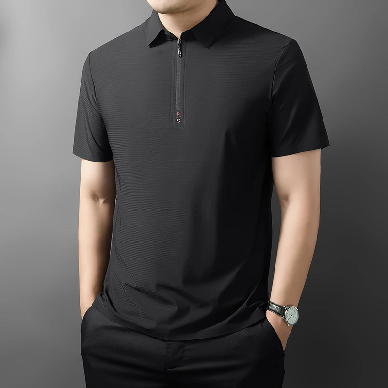 New Summer Men'S Thin Business Casual Middle-Aged Dad Lapel Collar Top Men'S Quick Drying Seamless Trend Versatile Loose T-Shirt
