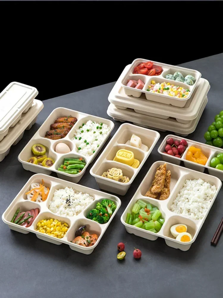 10Pcs Disposable Split Delivery Packaging Box Large Capacity Multi Grid Paper Lunch Boxs Environmentally Friendly Microwave Pulp
