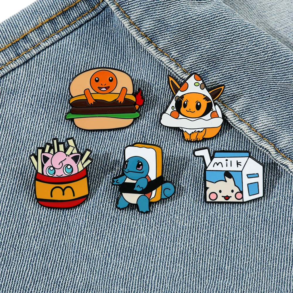 Fast Food Creativity Cute Brooch Eevee Pikachu Sandwich Badge for Backpack Clothing Lapel Pin Accessories Gifts