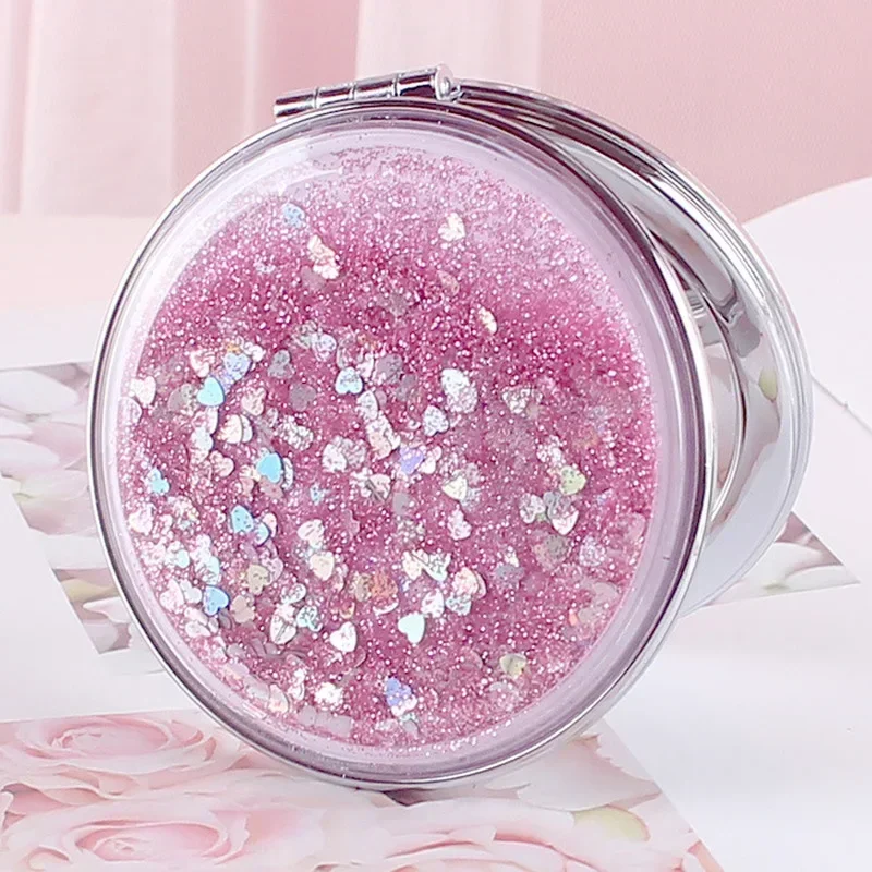 Portable Double-Sided Folding Cosmetic Mirror Female Gifts With Flowing Sparkling Sand Mini Makeup Mirror Compact Pocket Mirrors