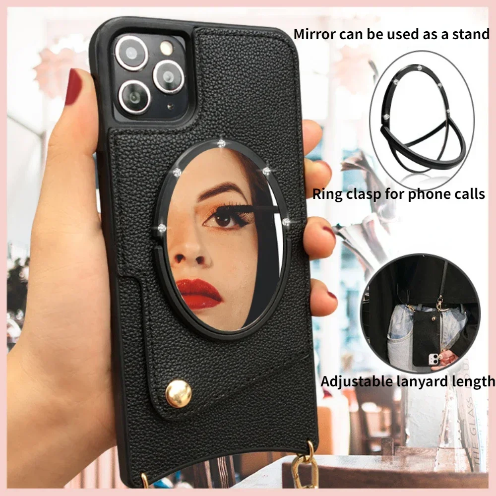 New iPhone 14 Makeup Mirror Card Phone Case For 13 12 Pro Max With Diagonal Lanyard 11 Pro Mini 8 Plus Leather Mobile Cover