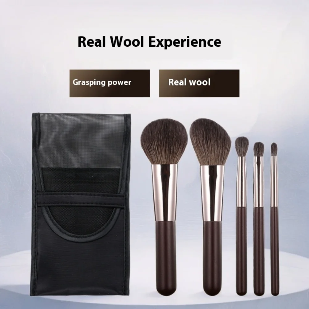 5pcs Travel Size Wool Makeup Brush Set - Powder, Contour, Eyeshadow Brushes (Full Kit) Portable Mini Nose Shadow Highlight Brush