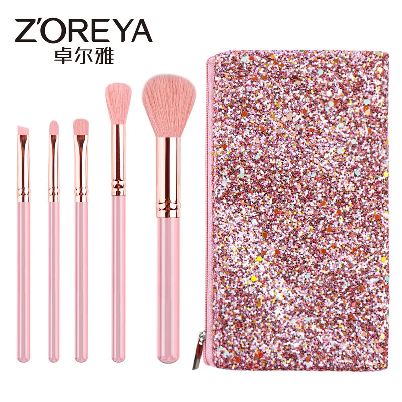 Zoreya Mini New Portable Pink Transparent Handle Beauty Tool 5-piece Eyeshadow Makeup Brush Set