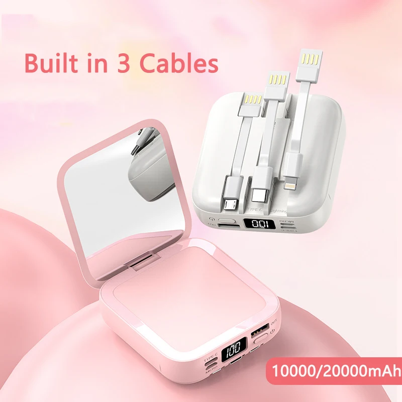 20000mAh Portable Mini Power Bank Makeup Mirror LED Digital Display Powerbank External Battery Pack Power Bank For Mobile Phones