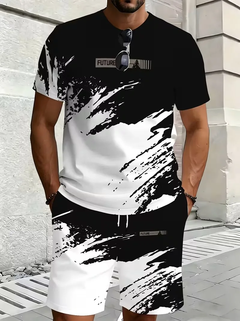 Geometric Tie Pattern Men Short Sleeved T-shirt+Pants Set Summer Lightweight Breathable Makeup Ball Street Role-Playing Men Set