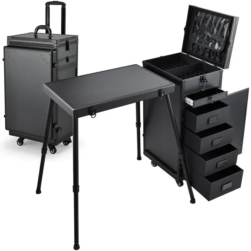 Foldable Nail Desk 5 Drawers Cosmetology Case On Wheels With Brush Pouch For Technician Workstation Mobile Makeup Artist Trol