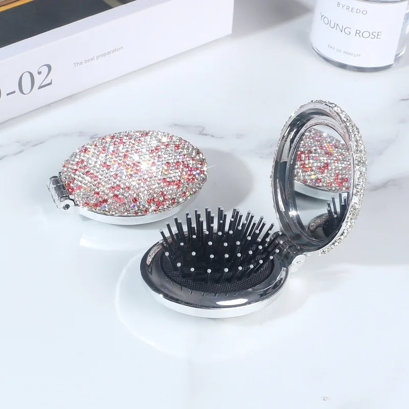 Diamond Encrusted Small Portable, Foldable Airbag Cushion Pocket Straight Hair Mirror, Integrated Comb, Makeup Mirror