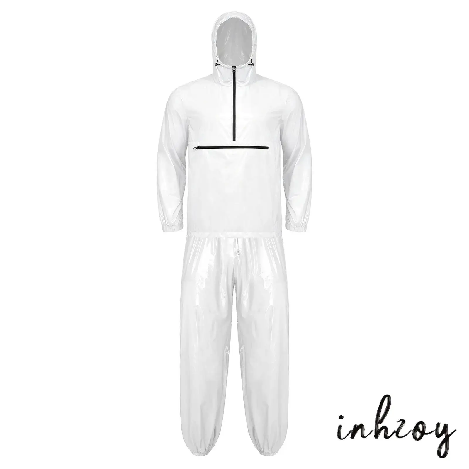 Men Waterproof Tracksuit Front Zipper Pocket Hoodie Sweatshirt Windbreaker And Elastic Waistband Jogging Pants Rainwear