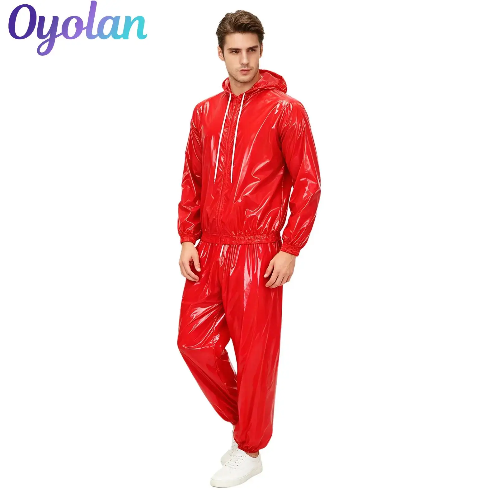 Mens Sauna Tracksuit Set Zipper Hoodie Drawstring Pants Waterproof Long Sleeve Front Zip-up Drawstring Hood Jacket with Pants