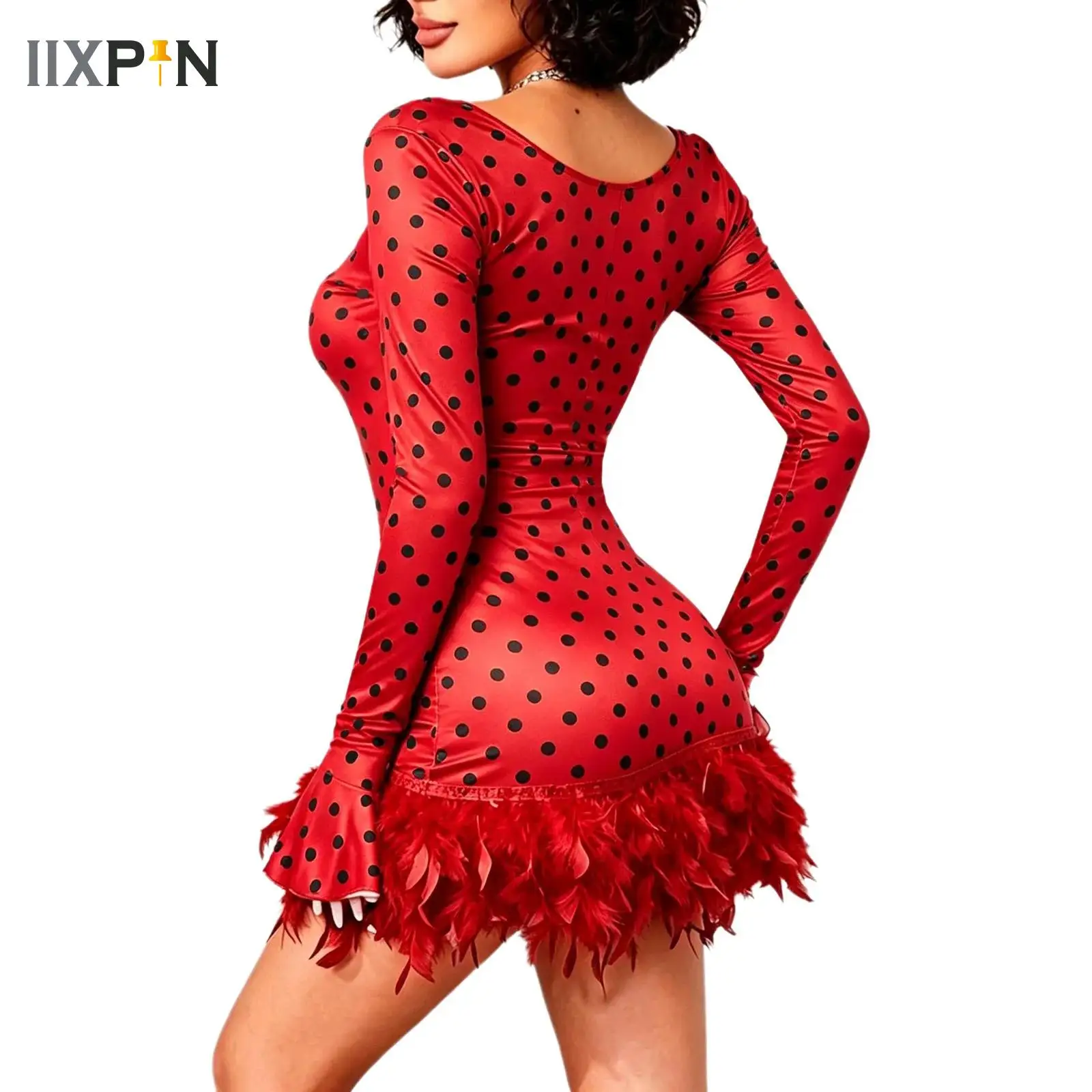 Women Fashion Streetwear Deep V Neck Long Sleeve Polka Dot Faux Feather Decoration Mini Dress for Party Club Vacation Travel