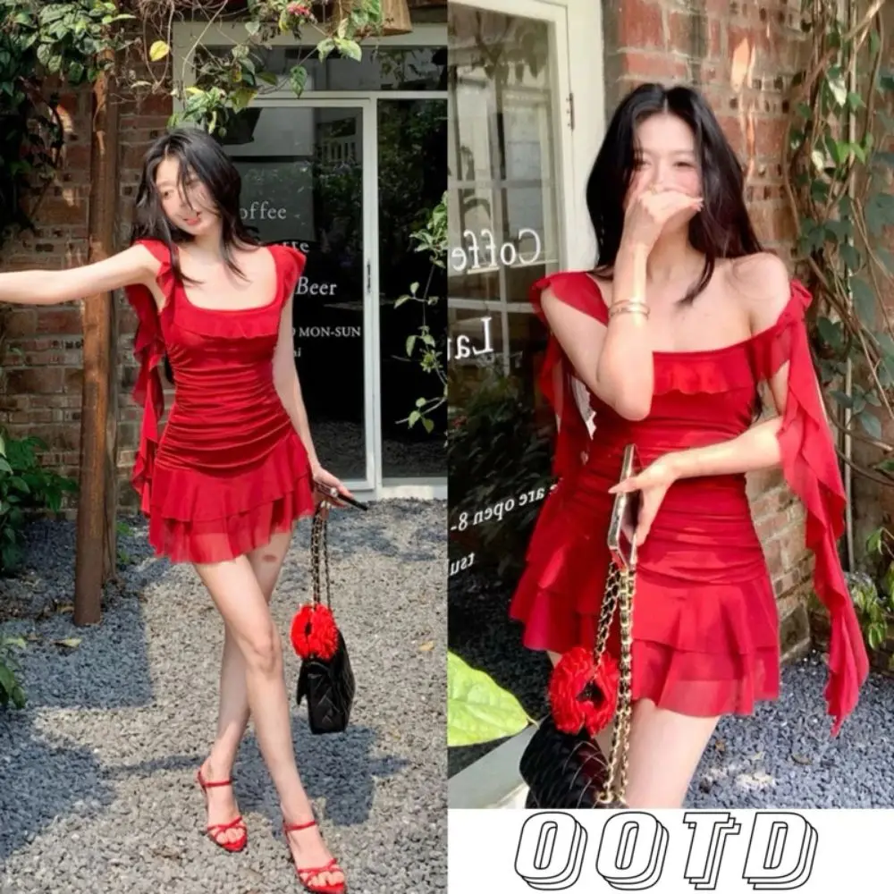 Soft Square Collar Ruffle Edge Dress Slim Fit Temperament Women Short Skirt Spicy Girl Sleeveless Halter Camisole Dress Travel