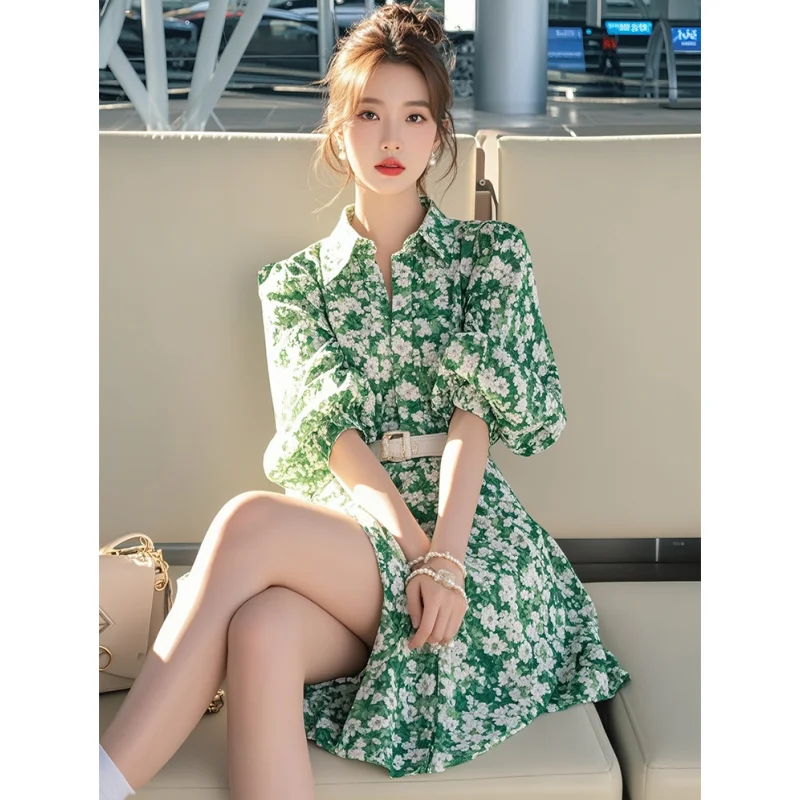 2025 Spring Summer Women Puff Sleeve Print Dress Lady Graceful Beach Style Green Polo Collar Mini Dresses Travel Clothing Female