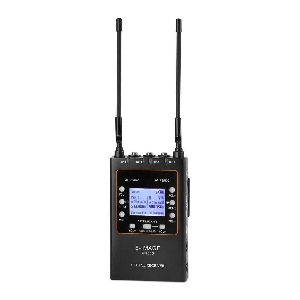 E-IMAGE MR-300 UHF Two- Channel Metal Body UHF/PLL Portable Wireless Receiver for Wireless Microphone